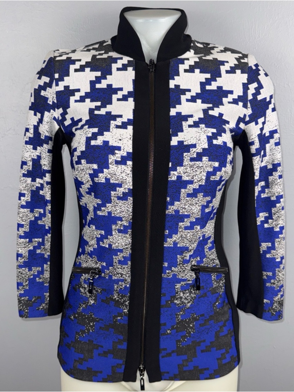 Joseph Ribkoff Geometric Zip Jacket Sz 2 Blue Black White 3/4 Sleeve *READ